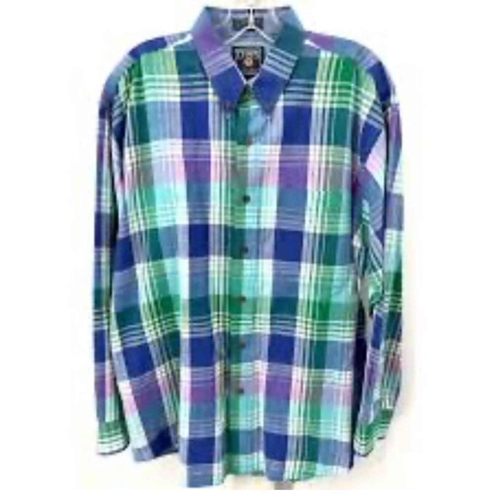 CHAPS Ralph Lauren Cotton LS Plaid Button Down Shirt Men's L Blue/Green Preppy